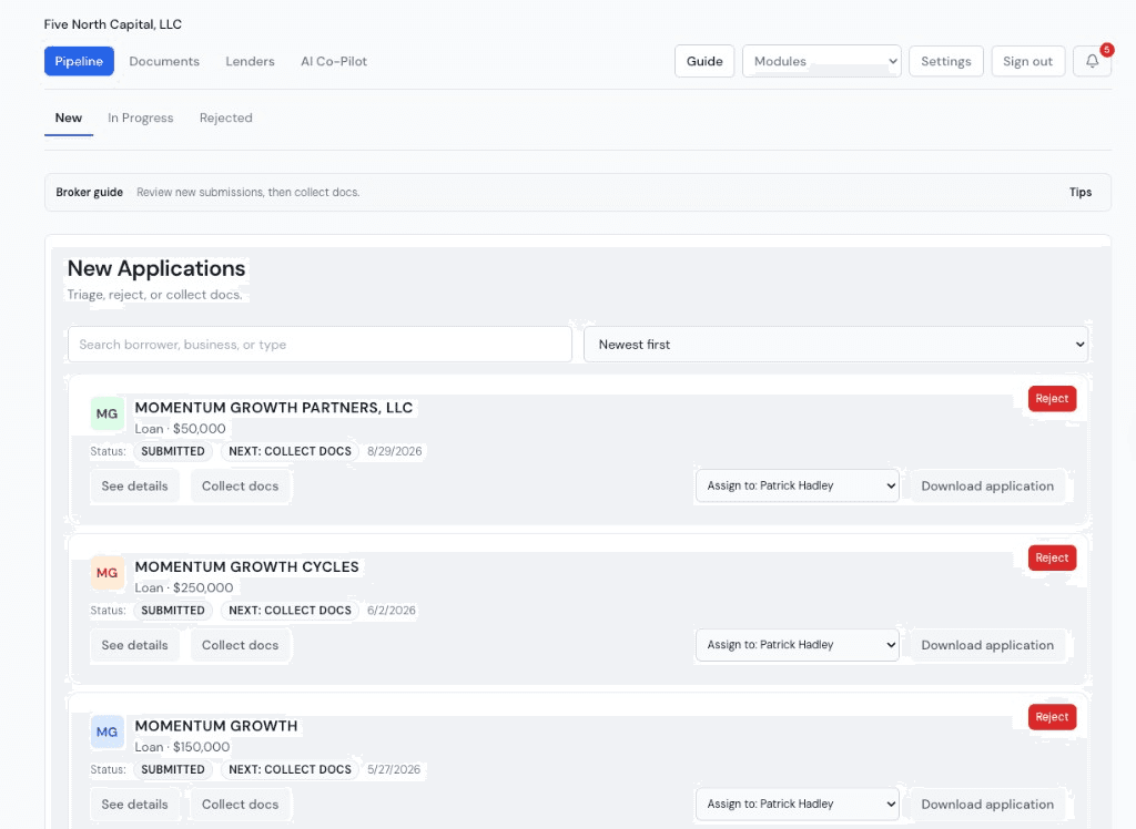 Commercial lending pipeline showing new applications ready to triage, assign, or collect documents.